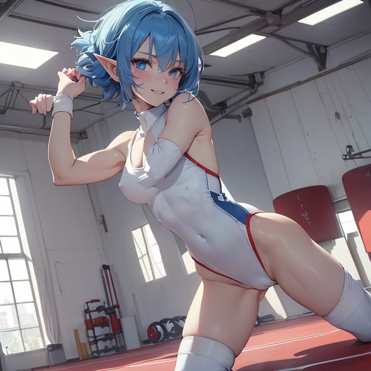 Absurdres, masterpiece, highest quality, very detailed features and textures, alone solo character, anime style, fantasy genre
{{( blue haired elf girl: (pale skin, short messy spiky blue hair, heterochromatic eyes, very thin lips, nice teenage bodyeasts, big butt, beautiful arms, beautiful legs, happy face, open smile, wrestling aggresive pose, hands open), (white Wrestling one-piece leotard, white knee pads, white elbow pads, white wristbands, white long boots), (wrestling gym, white mat, white turnbuckles, red rops, white gym walls, training session)}}