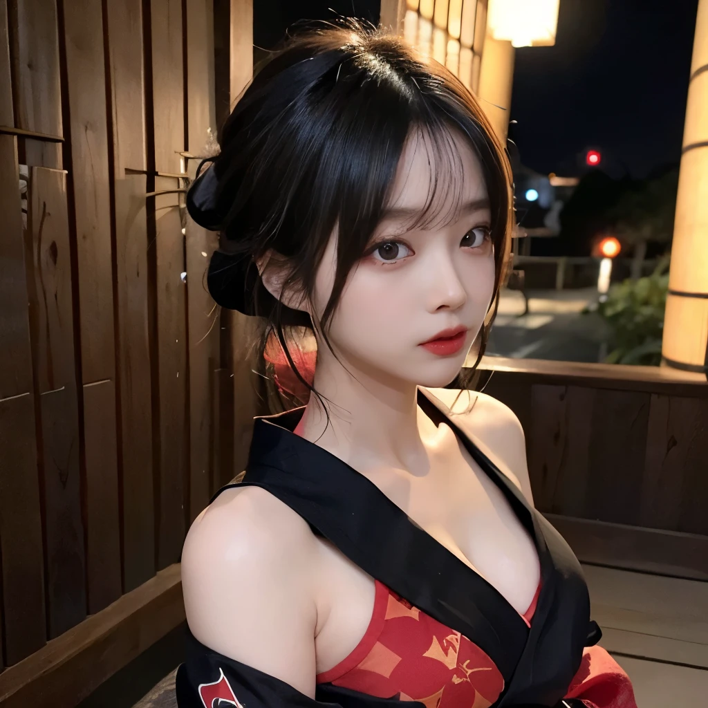 8K highest quality, masterpiece, Perfect dynamic composition, Highly detailed skin and facial textures:1.3, Japanese-style room at night、 1 girl, Fair skin, ((Transparency:1.1)), ((Huge breasts:1.0)), ((Black and red patterned yukata:1.3))， (Unbuttoned yukata), I can see her cleavage、 Written boundary depth， High resolution， RAW is very detailed， Highly detailed eyes and face， Sharp pupils、Cinema Lighting，