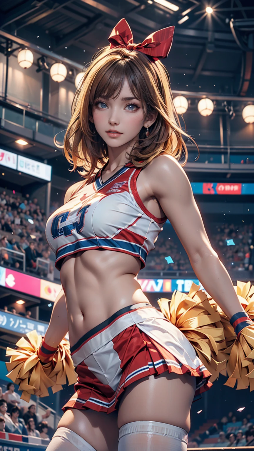 Cheerleader,A small smile,cheer leading,Cheerleader uniform, (((masterpiece))), (((Highest quality))), ((Very detailed)), (figure), ((Very delicate and beautiful)),(Bokeh,Blurred Background),(Best Shadow), One girl,White panties, Blonde, Long Hair, cute,cute,change, Shining highlight spots around the eyes, Character Focus,Tilt your head,、Sexy proportions、Narrow waist、Erotic female body、cheer leading（Dancing with legs raised、I can see your pants)