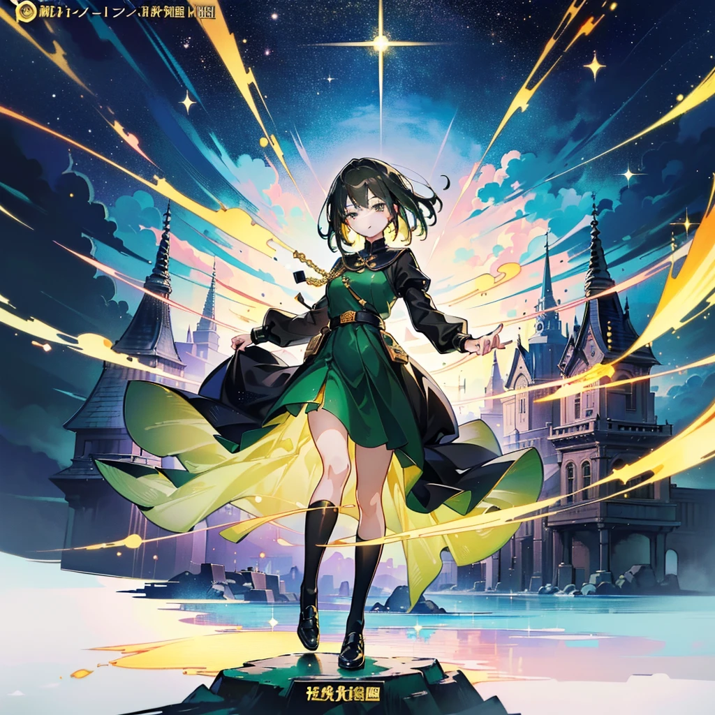 1girl、(((Highest quality、Masterpiece、Official Art、Super detailed、Golden Ratio、Anime Style、The best dynamic composition)))、Keyakizaka46、Silent Majority、Dark green dress、A-type dress、Above the knee、Black knee-high socks、Black Loafers、uniform、