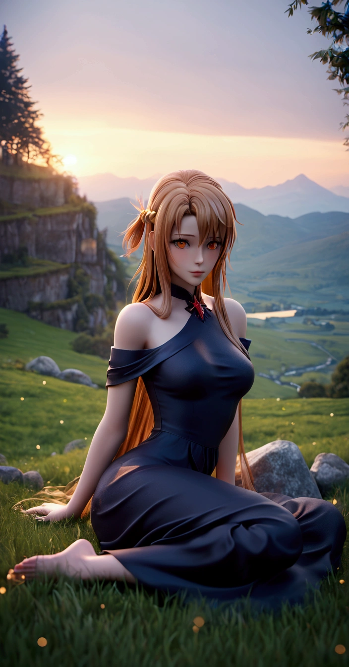 score_9, score_8_up, score_7_up, score_6_up, uncensored, Asuna Yuuki long hair, orange hair, fold hair, braid, orange eyes BREAK, glow effects, godrays, Hand drawn, render, 8k, octane render, cinema 4d, blender, dark, atmospheric 4k ultra detailed, cinematic, Sharp focus, big depth of field, Masterpiece, colors, 4k, concept art, trending on artstation, Vivid colors, extremely detailed CG unity 8k wallpaper, trending on CGSociety, Intricate, High Detail, dramatic BREAK,1girl, grass, solo, barefoot, sitting, breasts, mountain, sunset, dress, bare_shoulders, outdoors, looking_at_viewer, off_shoulder, field, sky, lake, collarbone, mountainous_horizon, indian_style, twilight, tree, black_dress, large_breasts, scenery, medium_breasts, feet, off-shoulder_dress, (bokeh:1.3), rock,