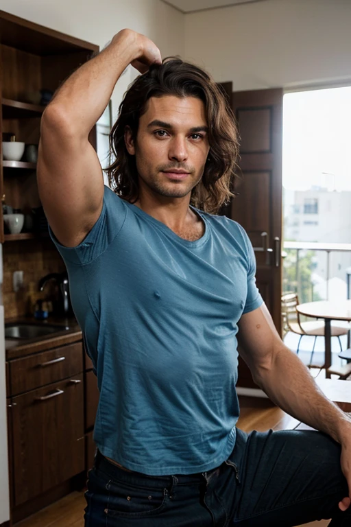 Handsome Man 38 years old, lean muscular body, tan skin olive, his eyes are blue, 1.90m, his hair is dark brown with natural waves that flow down his shoulders, a little stubble unshaved, wearing a blue shirt, black pants, soft smile