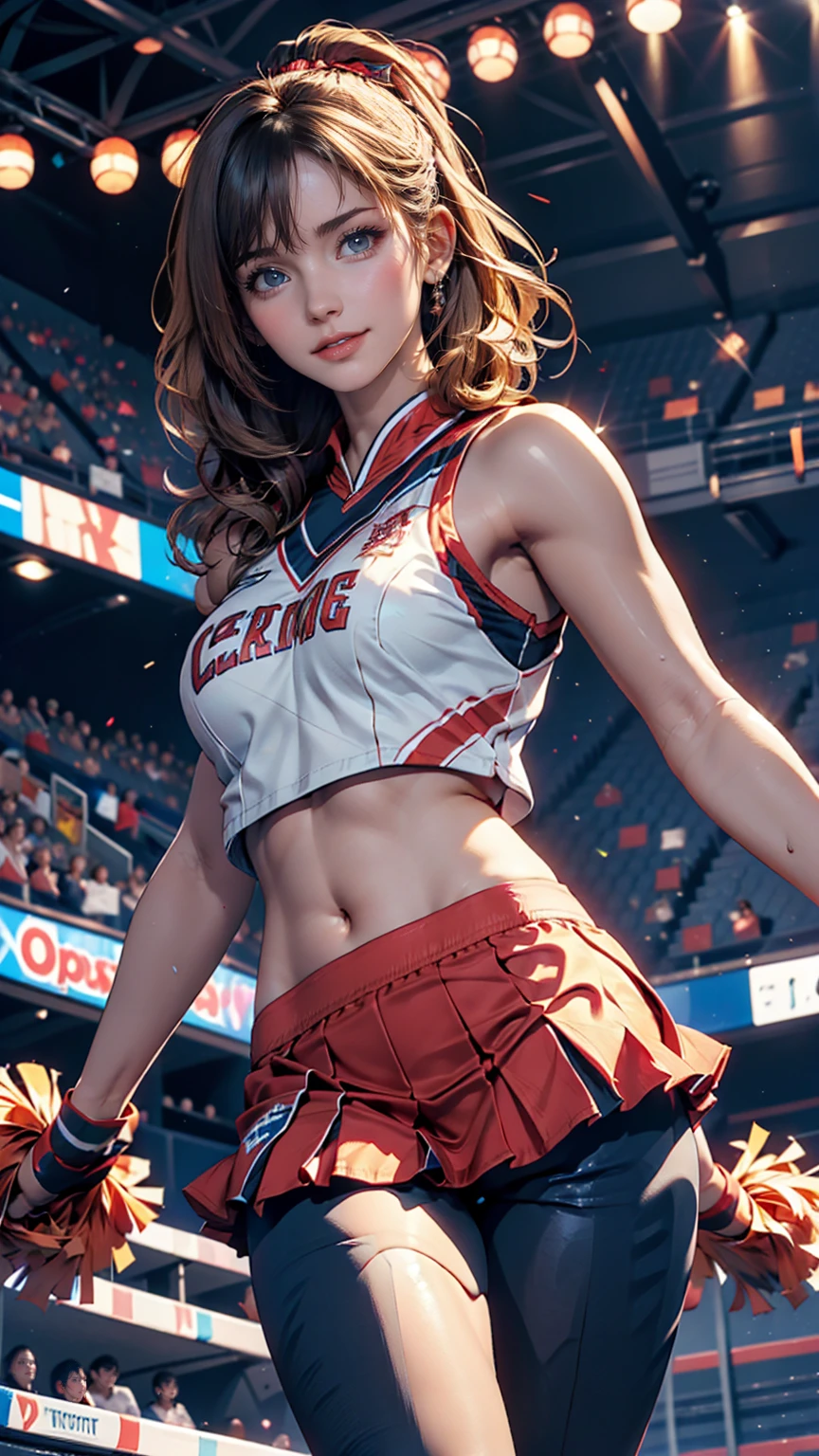 Cheerleader,A small smile,cheer leading,Cheerleader uniform, (((masterpiece))), (((Highest quality))), ((Very detailed)), (figure), ((Very delicate and beautiful)),(Bokeh,Blurred Background),(Best Shadow), One girl,White panties, Blonde, Long Hair, cute,cute,change, Shining highlight spots around the eyes, Character Focus,Tilt your head,、Sexy proportions、Narrow waist、Erotic female body、cheer leading(Dancing with legs raised、I can see your pants)