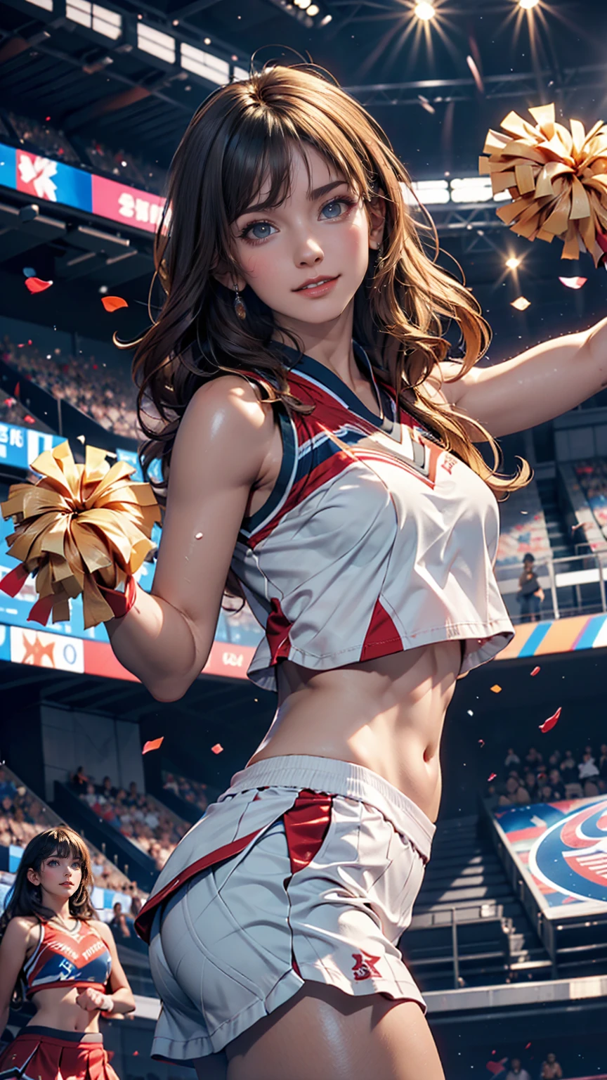 Cheerleader,A small smile,cheer leading,Cheerleader uniform, (((masterpiece))), (((Highest quality))), ((Very detailed)), (figure), ((Very delicate and beautiful)),(Bokeh,Blurred Background),(Best Shadow), One girl,White panties, Blonde, Long Hair, cute,cute,change, Shining highlight spots around the eyes, Character Focus,Tilt your head,、Sexy proportions、Narrow waist、Erotic female body、cheer leading(Dancing with legs raised、I can see your pants)