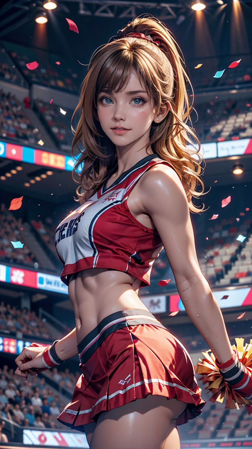 Cheerleader,A small smile,cheer leading,Cheerleader uniform, (((masterpiece))), (((Highest quality))), ((Very detailed)), (figure), ((Very delicate and beautiful)),(Bokeh,Blurred Background),(Best Shadow), One girl,White panties, Blonde, Long Hair, cute,cute,change, Shining highlight spots around the eyes, Character Focus,Tilt your head,、Sexy proportions、Narrow waist、Erotic female body、cheer leading(Dancing with legs raised、I can see your pants)