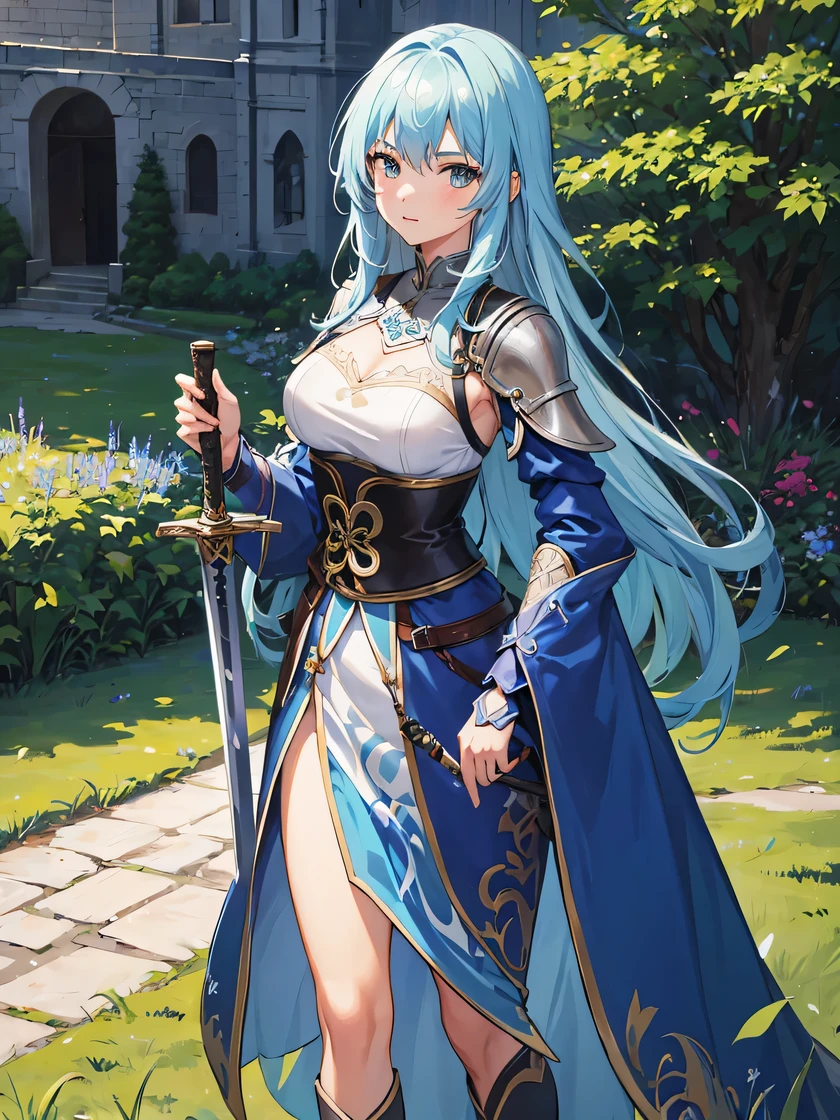 1girl, sword, wearing blue armor, castle, tall grass, absurdres, high res, ultrasharp, 8K, masterpiece, looking at viewer, genshin