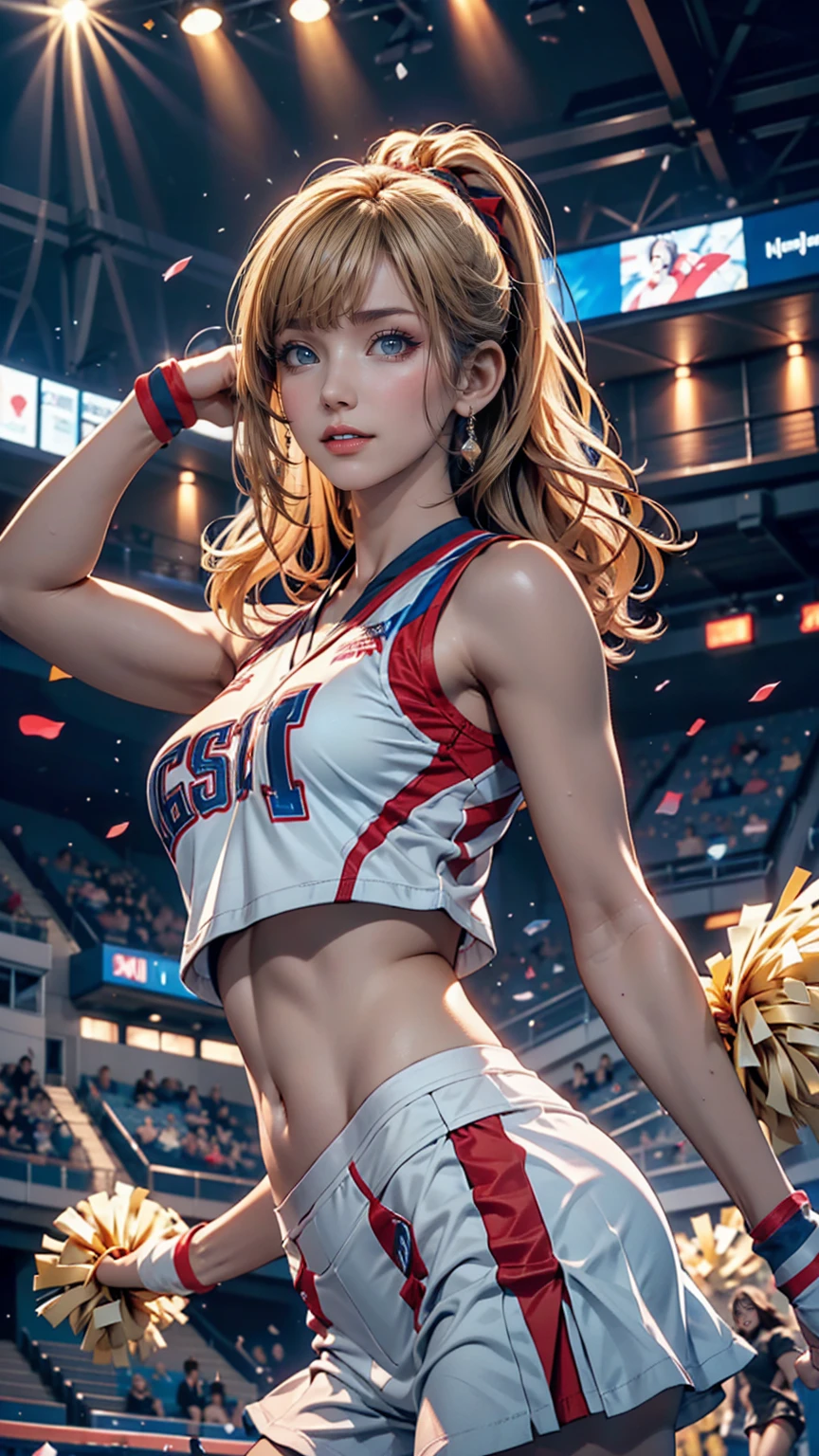 Cheerleader,A small smile,cheer leading,Cheerleader uniform, (((masterpiece))), (((Highest quality))), ((Very detailed)), (figure), ((Very delicate and beautiful)),(Bokeh,Blurred Background),(Best Shadow), One girl,White panties, Blonde, Long Hair, cute,cute,change, Shining highlight spots around the eyes, Character Focus,Tilt your head,、Sexy proportions、Narrow waist、Erotic female body、cheer leading（Dancing with legs raised、I can see your pants)