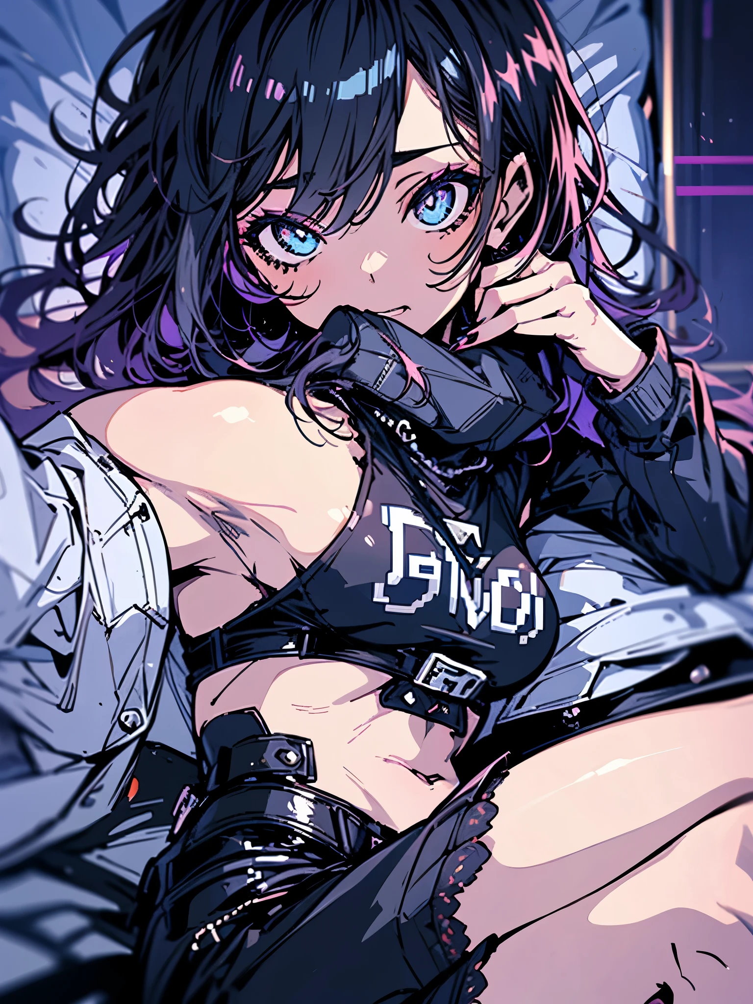 (pixelart: 1.2), beautiful gothic woman, sexy goth girl, designer sweatshirt with logos, pants, short black hair with blue tips, Room, lying in the bed, (by Isaac Quek: 0.8) [por Ilya Kuvshinov: 0.65]