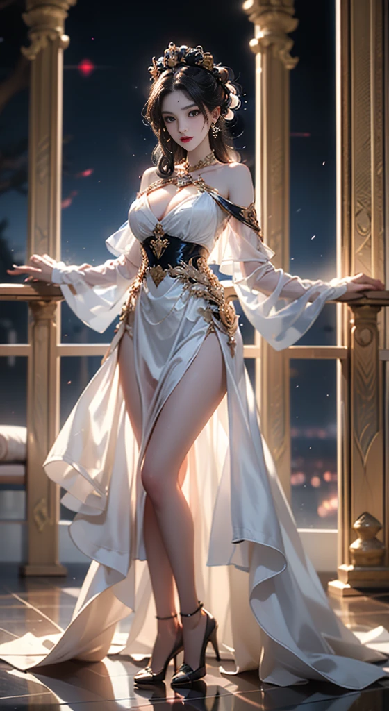 liuli2, ((Bare shoulders)), ((Full breasts)), ((The skirt is short)), ((sexy legs)), ((whole body)), Practical, Fashion girl, Red lips, Mature women, Exquisite makeup, big eyes, beautiful, (best quality, masterpiece:1.2), Ultra Detailed, (Practical:1.37), ((Random scenes, Random shooting angles)), ((Sexy long legs)), Young and energetic, Charming model, (Delicateeyes, Delicate lips), Show a bright smile, Create stunning girl images, warm color, Very high color saturation, Official Art, Extremely detailed CG, Unity 8K Wallpaper, (High Dynamic Range :1.4), (Movie atmosphere),(Soft colors), (Natural skin texture, ultra-Practical, Soft Light, sharp),(Very detailed), night, moonlight,Red antique long dress,whole body立绘,whole body,High heel