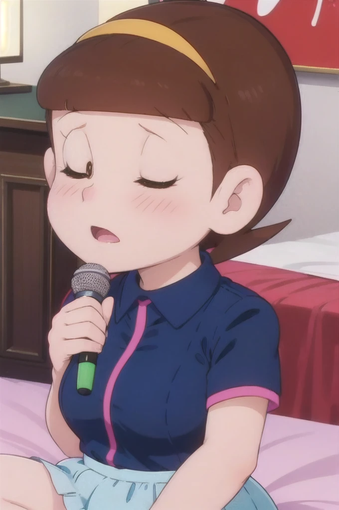 a beautiful idol girl hoshinosumire singing on stage, 1980s retro art style, 1990s style, detailed facial features, long eyelashes,cute expression, audience watching, best quality, 4K, 8k, highres, masterpiece, ultra-detailed, realistic, photorealistic, vivid colors, studio lighting, sharp focus, physically-based rendering, Full body images, Singing without a microphone,5 heads and a good figure, Make your breasts a little bigger,More expressions of sexual pleasure,Kneeling on the bed,Sexy clothes that expose the chest