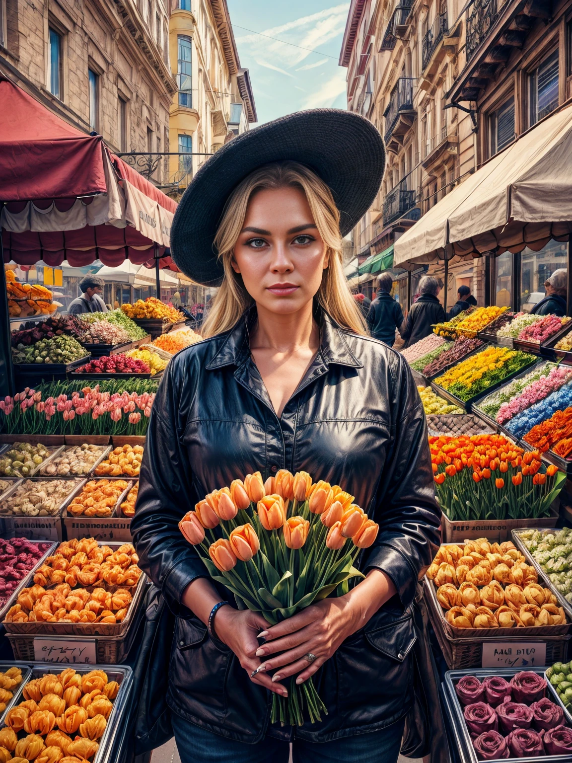 anatómicamente correcta:1.5, an elderly vendor with a bouquet of tulips in his hands:1.5, with his flower street stall:1.5, hyperrealistic, 8k, high quality, detailed, intricate, photorealistic, masterpiece, vibrant colors, natural lighting, street scene, outdoor, city, urban, realistic, detailed face, detailed hands, detailed clothing, elderly man portrait, flower shop, tulips, market stall, realism, cityscape, street vendor