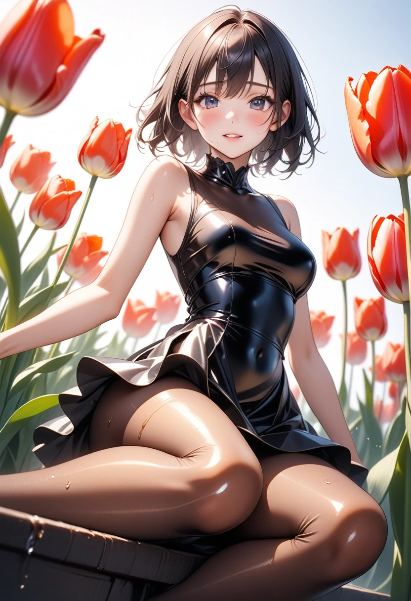((Tulip-inspired dress)), ((skirt)), ((pantyhose)), ((Shiny Costumes)), skindentation, skinny, solo, 1 woman, Masterpiece, highest quality, highest quality, 16K, incredibly absurd, highly detailed, 2.5D, ai-generated, delicate and dynamic, very delicate facial expressions, delicate eye depiction, erotic, only sexy woman, ((A cute and kind face)), healthy figure, ((25-year-old woman)), 160cm tall, medium firm swaying bust, , blush, Sweat,Embarrassed,sexy, ((thin thighs)), (camel toe:0.7), (visible nipples:0.3), (Erect nipples,:0.7), shiny and lustrous, facing straight at viewer, (((in heat))), ((Oily_skin)),, ((dutch angle)), ((erotic pose)), (Sitting on a big Tulip), (((Holding a tulip))),