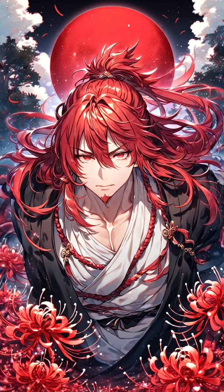 absurdres, highres, ultra detailed, HDR, master piece, best quality, detailed eyes, extremely detailed, delicated features, Ren Kouen, red hair, hair tied into a topknot, hair between the eyes, medium length hair, red goatee, expressive red eyes, Magi The Labyrinth of Magic, solo, sexy man, handsome, manly man, adult, mature face, traditional clothes that are mainly red white and black in colour along with a black flowing cape, magical, fantasy, red spider lilies, red glittering dragonflies, red glittering moon, garden, red trees, red particles 