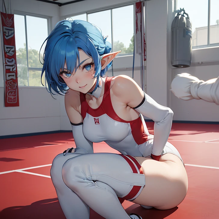 Absurdres, masterpiece, highest quality, very detailed features and textures, alone solo character, anime style, fantasy genre
{{( blue haired elf girl: (pale skin, short messy spiky blue hair, heterochromatic eyes, very thin lips, nice teenage bodyeasts, big butt, beautiful arms, beautiful legs, happy face, open smile, aggresive combat pose), (white Wrestling one-piece leotard, white knee pads, white elbow pads, white wristbands, white long boots), (wrestling gym, white mat, white turnbuckles, red rops, white gym walls, training session)}}