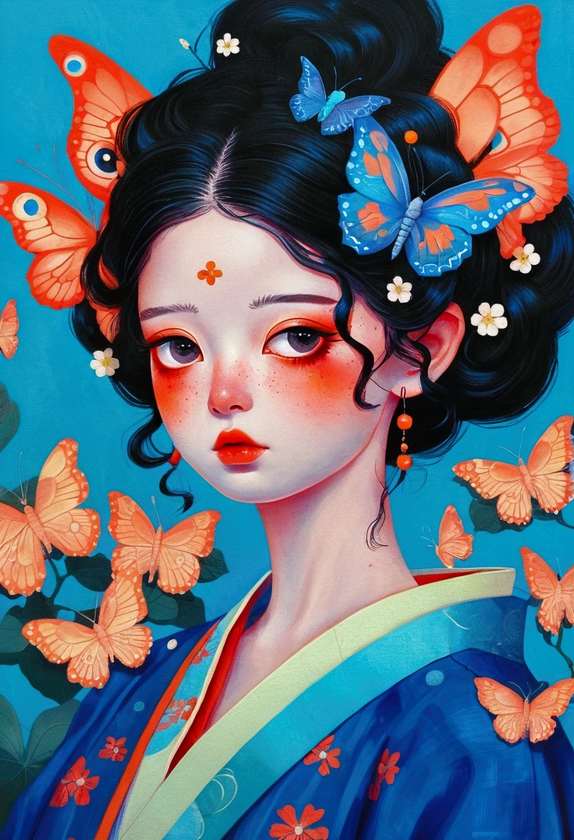 The painting shows a woman wearing a Japanese kimono，big eyes，big eyes!!!There are butterflies and eyes on the head, James Jean (James Jean) Inspired by the extremely detailed, Popular on artstation, Pop surrealism, james jean 和 wlop, japanese Pop surrealism, Loish |, James Jean Andre Ryabovich, yanjun chengt, Beeple 和 Jeremiah Ketner, Juster Battle