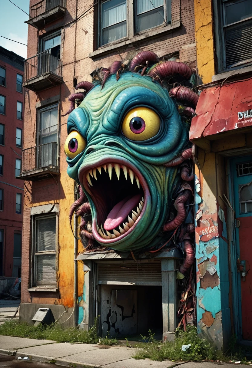 garbage pail kids style, a worm with a face sticking out of the side of a building, garbage pail kid style, a grotesque humanoid worm creature,highly detailed face emerging from the side of a dilapidated building,grungy urban environment, vibrant colors, surreal and bizarre, twisted and distorted, nightmarish and unsettling, (best quality,4k,8k,highres,masterpiece:1.2),ultra-detailed,(realistic,photorealistic,photo-realistic:1.37),grotesque,surreal,dark fantasy,horror,bizarre,unsettling,unsettling atmosphere,gritty,urban decay,detailed textures,vibrant colors,twisted,distorted,monstrous,nightmarish