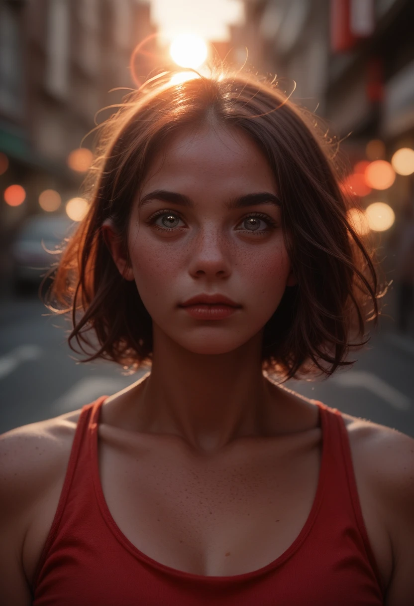 close front facing photograph of hnnhxl, portrait photography, soft light, afternoon, busy street, RAW format high quality photograph, wearing red tank top, huge boobs, (freckles:0.7), Fujifilm X-E4, Fuji 75mm f1.2 lens,