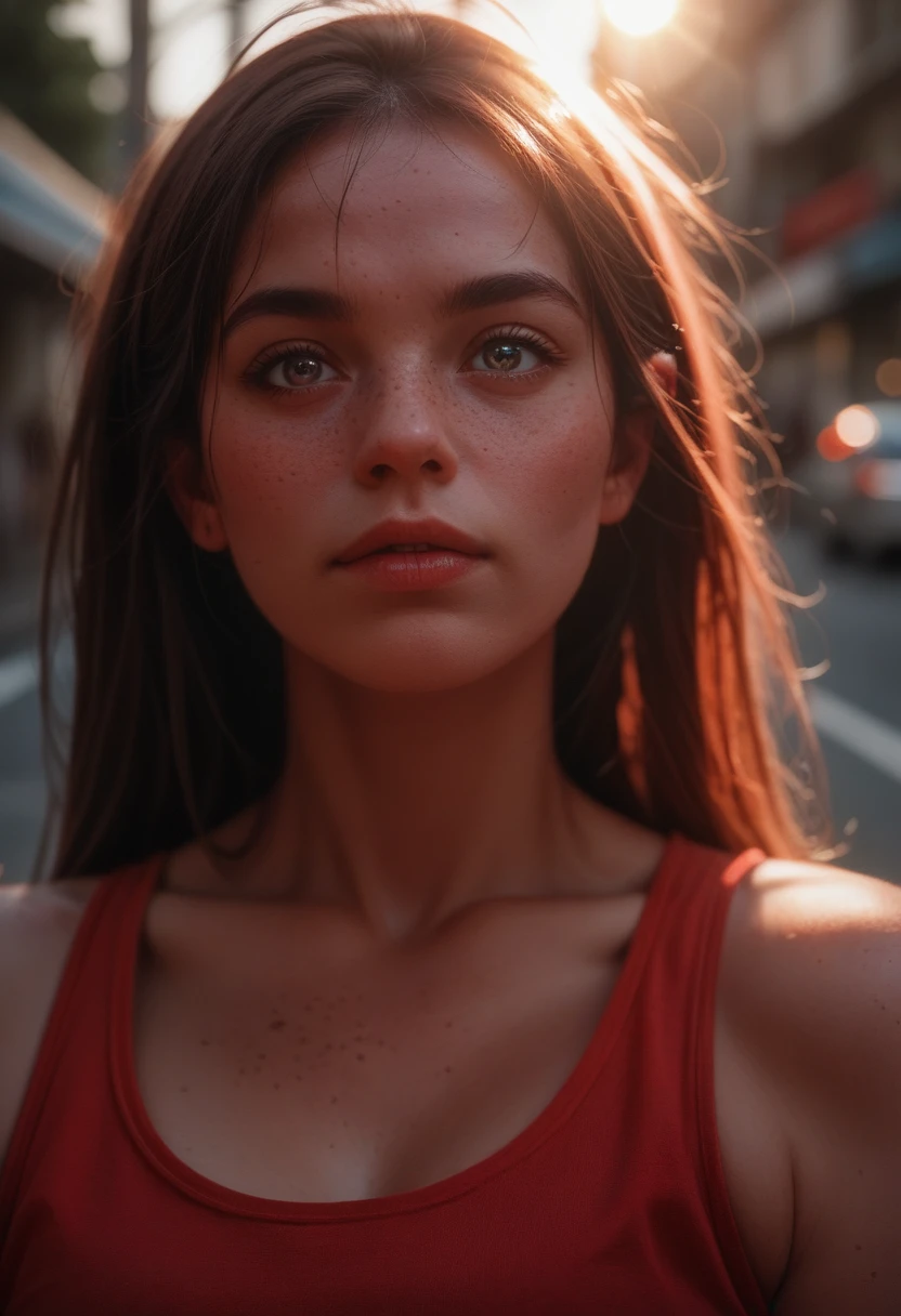 close front facing photograph of hnnhxl, portrait photography, soft light, afternoon, busy street, RAW format high quality photograph, wearing red tank top, huge boobs, (freckles:0.7), Fujifilm X-E4, Fuji 75mm f1.2 lens,