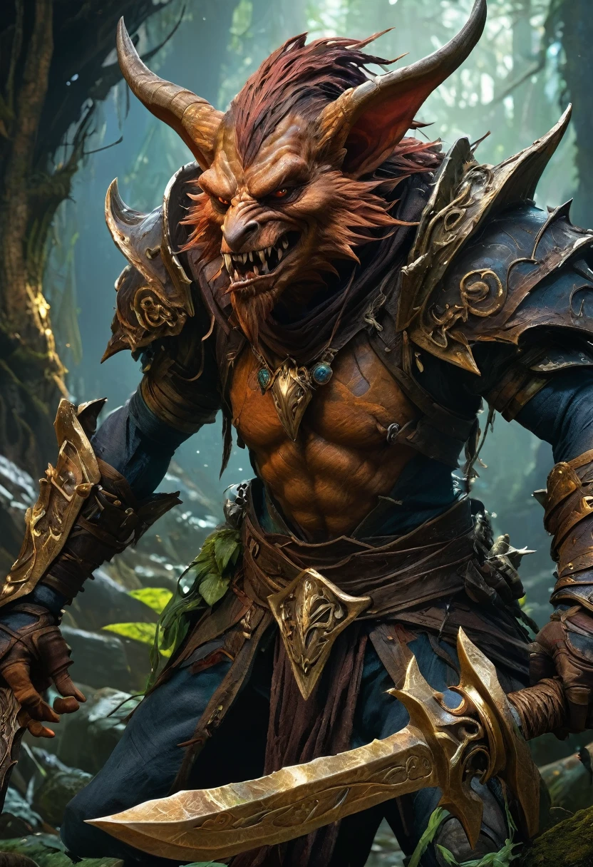 (anime: 1.5, dark fantasy: 1.5, hobgoblin: 1.5), ((best quality, highres, HDR:1.2)), vibrant colors, dangerous hobgoblin, fierce, tribal armor, mace weapon, (battle scars), ominous atmosphere, highly detailed face and body, dramatic lighting, vibrant color, detailed landscape, intricate, ethereal beauty, From Brian Froud and Carne Griffiths and Wadim Kashin and John William Waterhouse, 8K post-production, high resolution, hyperdetailed, depth of field, HDR, intricate