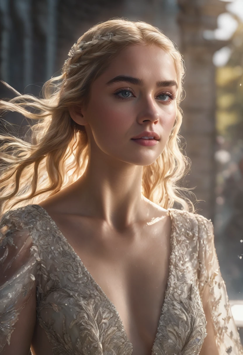 masterpiece, top quality, ultra detail, illustration, beautiful detail, depth of field, Dynamic angle, 8 K wallpaper, portrait, better quality of light and shadows, 4K, 8 K, computer graphics, Fine detail, blurred background, upper body, modern, dress, blonde, long hair, beautiful eyes, Beautiful splash