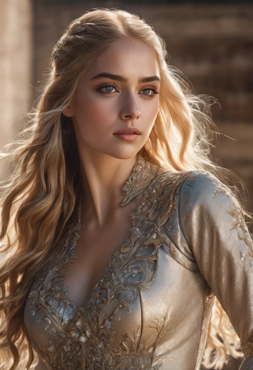 masterpiece, top quality, ultra detail, illustration, beautiful detail, depth of field, Dynamic angle, 8 K wallpaper, portrait, better quality of light and shadows, 4K, 8 K, computer graphics, Fine detail, blurred background, upper body, modern, dress, blonde, long hair, beautiful eyes, Beautiful splash
