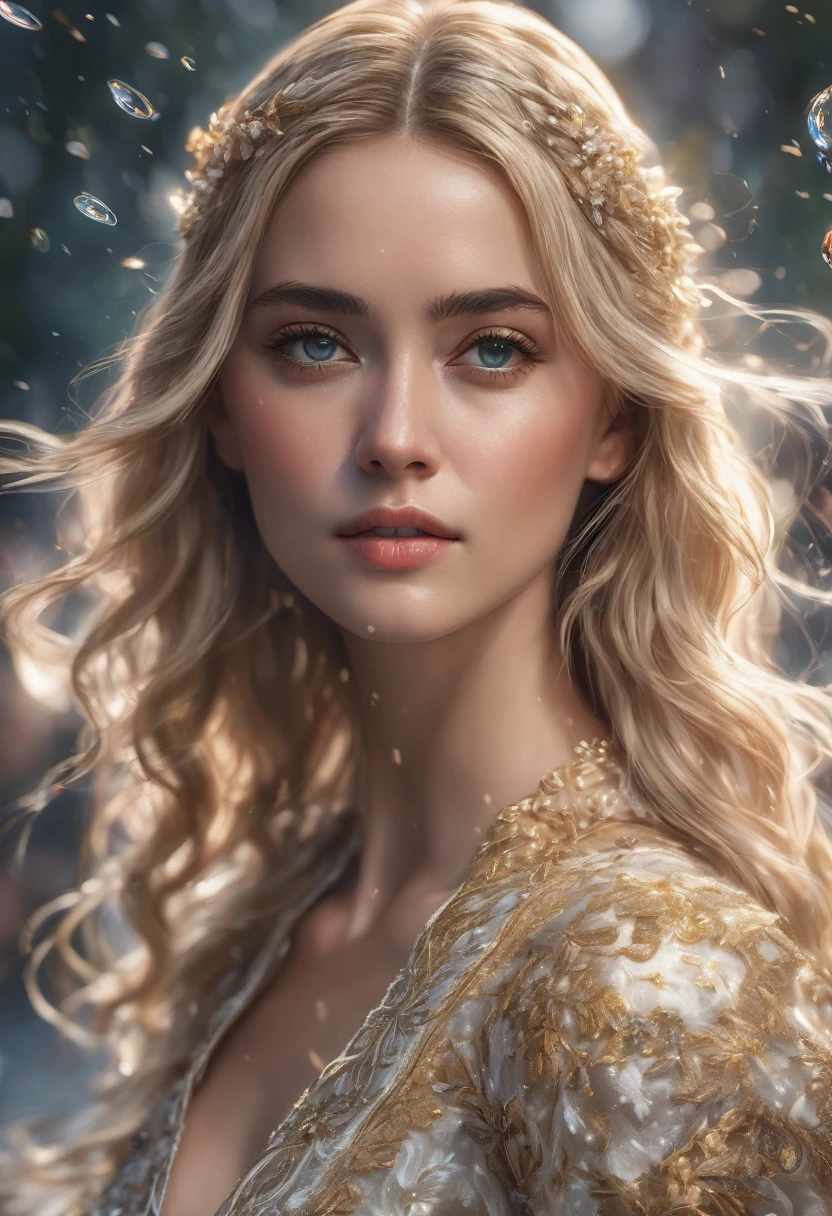 masterpiece, top quality, ultra detail, illustration, beautiful detail, depth of field, Dynamic angle, 8 K wallpaper, portrait, better quality of light and shadows, 4K, 8 K, computer graphics, Fine detail, blurred background, upper body, modern, dress, blonde, long hair, beautiful eyes, Beautiful splash