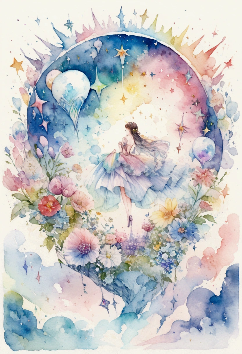 Rainbow shaped iridescent stars floating in the sparkling universe. Fantasy. Watercolor painting.
