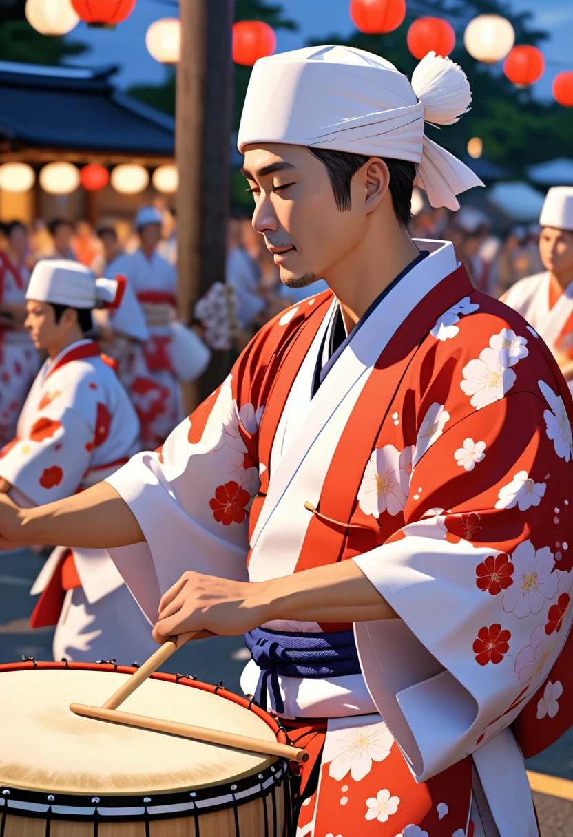 8k Resolution, highly detailed, A man playing a Japanese big drum at Bon-Odori