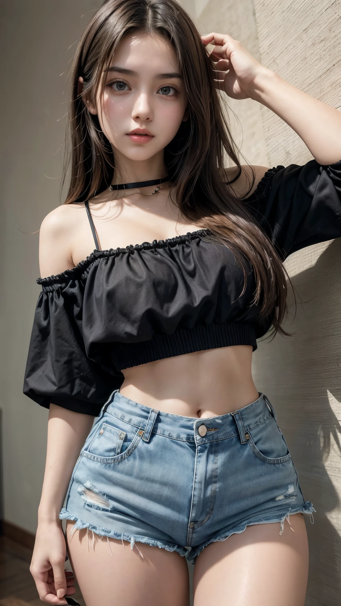 Beautiful 18 year old brunette girl wearing a spaghetti strap blouse and high waisted denim shorts and wearing a black belt with her navel showing
