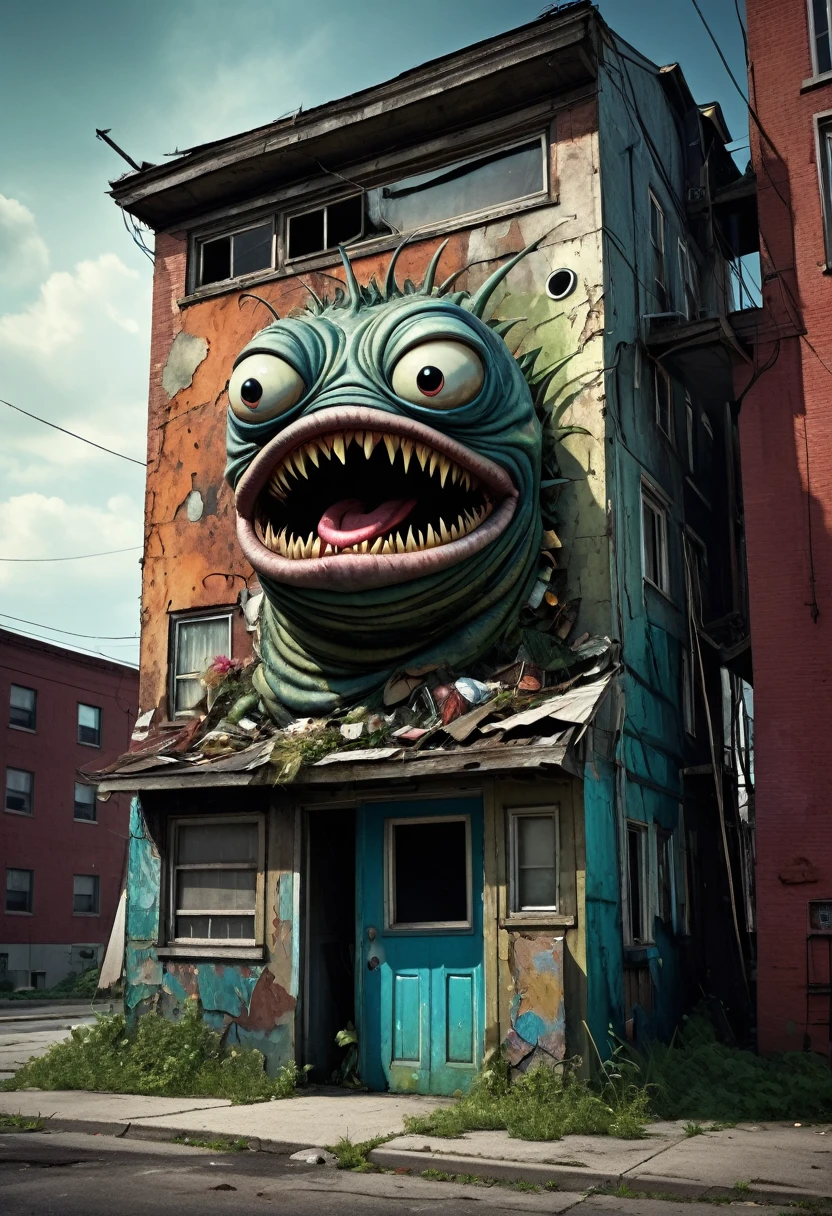 garbage pail kids style, a worm with a face sticking out of the side of a building, garbage pail kid style, a grotesque humanoid worm creature,highly detailed face emerging from the side of a dilapidated building,grungy urban environment, vibrant colors, surreal and bizarre, twisted and distorted, nightmarish and unsettling, (best quality,4k,8k,highres,masterpiece:1.2),ultra-detailed,(realistic,photorealistic,photo-realistic:1.37),grotesque,surreal,dark fantasy,horror,bizarre,unsettling,unsettling atmosphere,gritty,urban decay,detailed textures,vibrant colors,twisted,distorted,monstrous,nightmarish