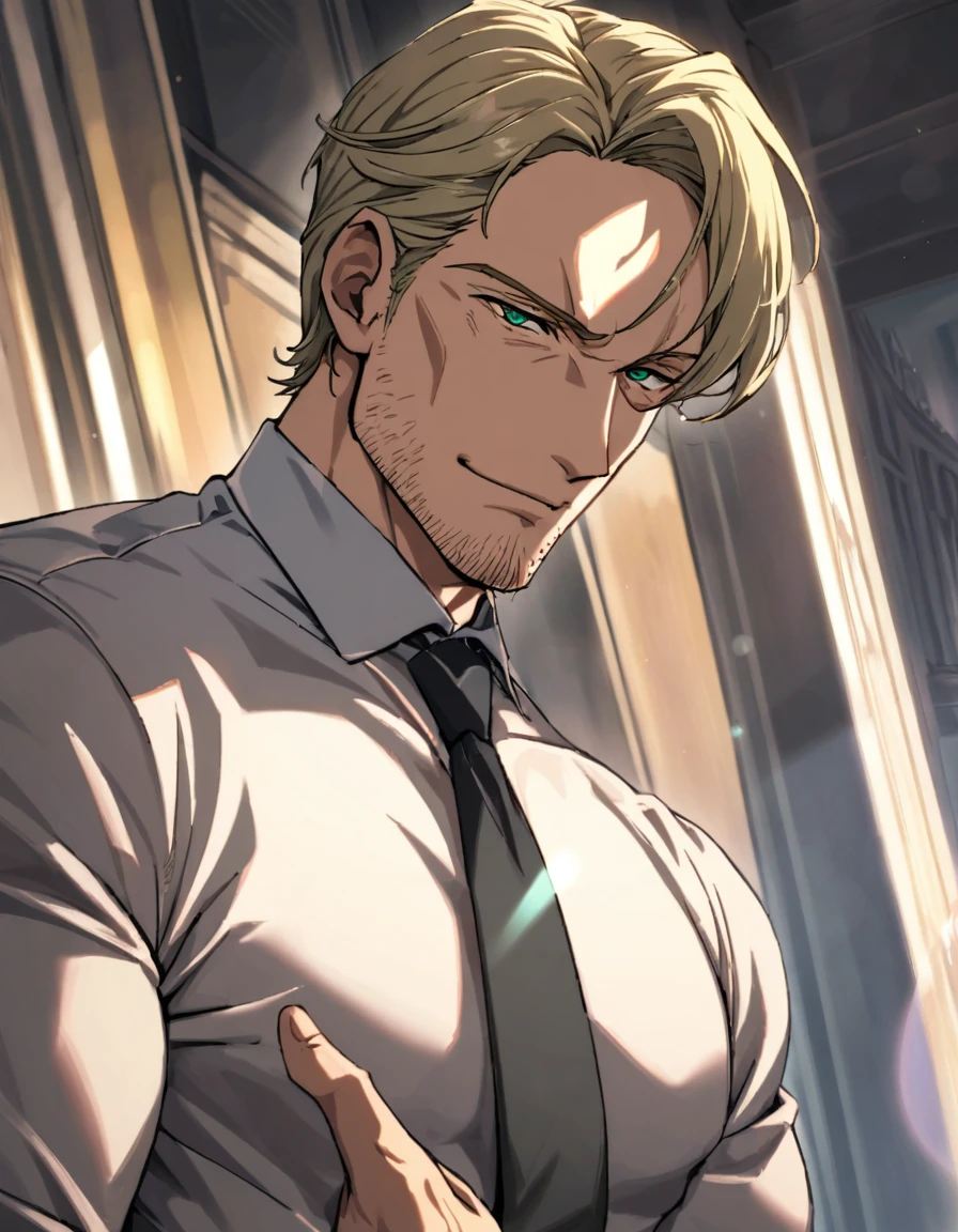 1man, veteran spy agent, handsome mature, business hair with asymmetrical bangs, narrow stubble, green platina blond hair, emerald eyes, 45yo, charming caucasian, ordinary uncle, pentagon shaped, BREAK ideal ratio body proportions, middle weight muscular, beautiful detailed eyes, dark iris, BREAK solo, businessman in black suit, black necktie, white shirt, softly smile, at wall street, detailed background, BREAK upperlegs, dandy posing, dramatic expression, 2000s, visual novel, in newest eroge style, dutch angle, cinematic shadows, cinematic lighting, lens flare, light leaks, texture, absurdres absolutely resolution, extreme all detailed, masterpiece, best quality