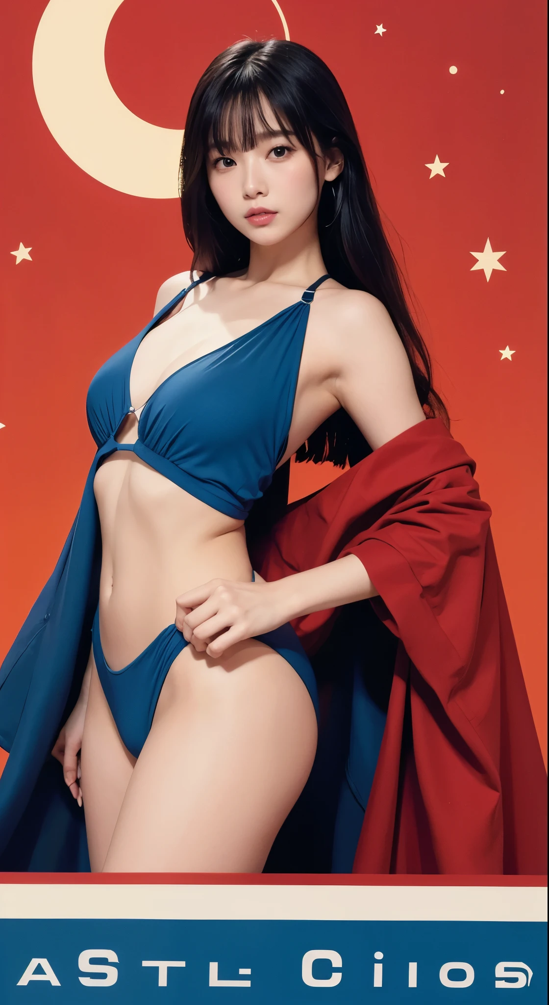 (masterpiece)、(Highest quality)、(The finest details)、(Distant general view)、(Edge wear paper)、(The main color of the illustration:Ultra Red)、(Secondary Color:sky blue)、Sexy posture、非常にdetailedな顔、Futuristic style vintage advertising poster、Western futuristic landscape、night(Many Stars、moon)、shading(detailed、A lot of contrast)