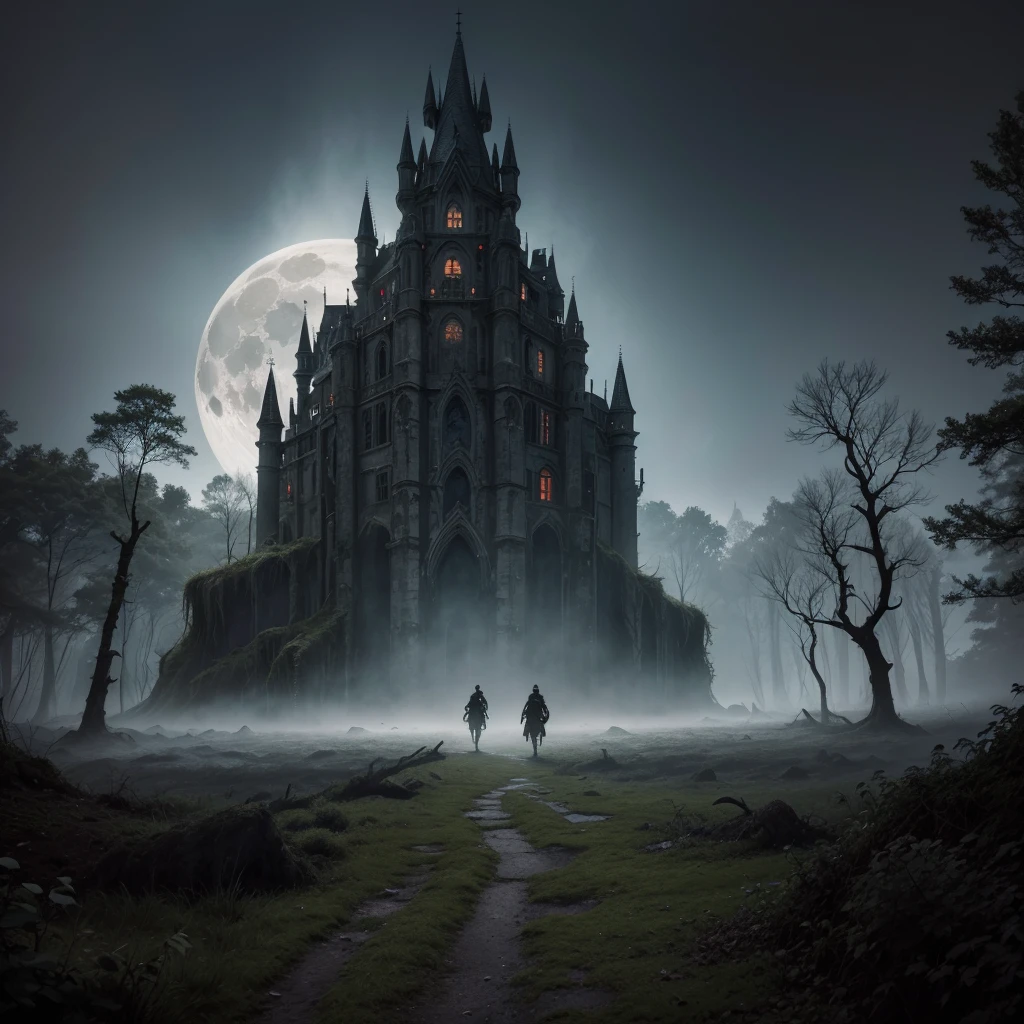 Create a medieval-inspired dark fantasy background, evoking the feeling of a knights' tale gone gruesomely wrong, from a higher, wider perspective. Imagine a dense, twisted forest stretching out before you, with ancient, gnarled trees and moss covering the damp, fog-shrouded ground, giving way to a cave entrance in the distance. The cave mouth is a dark, ominous void, shrouded in mist, with twisted, glowing mushrooms growing around its edges. Above, a blood-red full moon hangs low in the sky, casting an unsettling glow over the ancient, overgrown ruins of a decaying castle, with crumbling, moss-covered spires and collapsed, ivy-choked battlements. Emphasize the dark and foreboding elements, with faint, glowing runes on the stones and restless, whispering spirits lurking in the shadows. style Nicola Samori