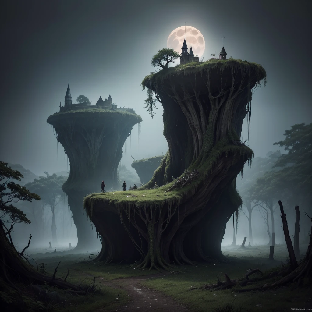Create a medieval-inspired dark fantasy background, evoking the feeling of a knights' tale gone gruesomely wrong, from a higher, wider perspective. Imagine a dense, twisted forest stretching out before you, with ancient, gnarled trees and moss covering the damp, fog-shrouded ground, giving way to a cave entrance in the distance. The cave mouth is a dark, ominous void, shrouded in mist, with twisted, glowing mushrooms growing around its edges. Above, a blood-red full moon hangs low in the sky, casting an unsettling glow over the ancient, overgrown ruins of a decaying castle, with crumbling, moss-covered spires and collapsed, ivy-choked battlements. Emphasize the dark and foreboding elements, with faint, glowing runes on the stones and restless, whispering spirits lurking in the shadows. style Nicola Samori