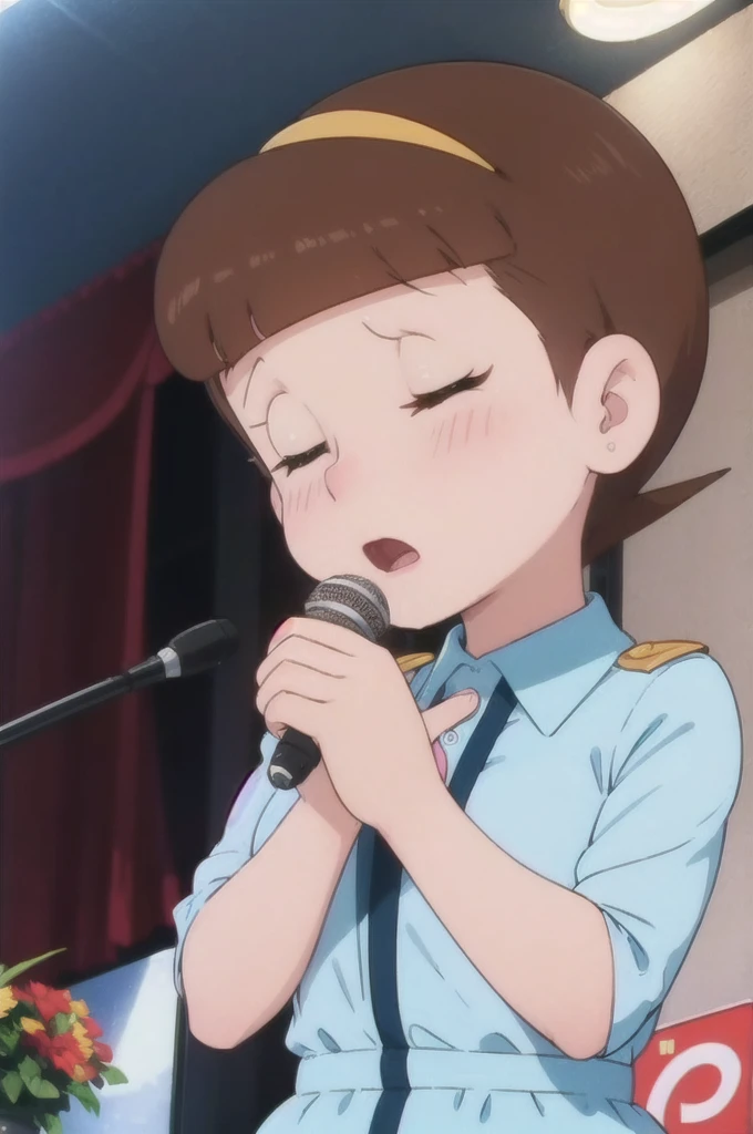 a beautiful idol girl hoshinosumire singing on stage, 1980s retro art style, 1990s style, detailed facial features, long eyelashes,cute expression, audience watching, best quality, 4K, 8k, highres, masterpiece, ultra-detailed, realistic, photorealistic, vivid colors, studio lighting, sharp focus, physically-based rendering, Full body images, Singing without a microphone,5 heads and a good figure, Make your breasts a little bigger,More expressions of sexual pleasure,Kneeling on the bed,Sexy clothes that expose the chest