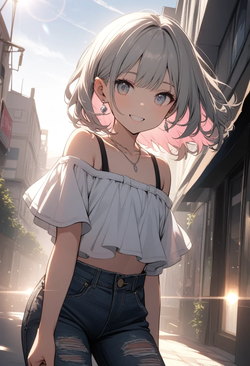 Very cute 15 year old girl, ((She has some silver earrings in her ears.. necklace、Off-the-shoulder short shirt、Distressed jeans))、(Gray hair color、Light pink inner color hairstyle、Hair expressed with a delicate touch), Beautiful Hair, Facial Contour, Remember, sunlight, Lens flare、illumination、Natural Color, High resolution, Very delicate, Very detailed, 8k、Fashion district、((Naughty feelings)),smile、Full body angle