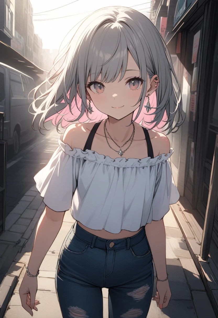 Very cute 15 year old girl, ((She has some silver earrings in her ears.. necklace、Off-the-shoulder short shirt、Distressed jeans))、(Gray hair color、Light pink inner color hairstyle、Hair expressed with a delicate touch), Beautiful Hair, Facial Contour, Remember, sunlight, Lens flare、illumination、Natural Color, High resolution, Very delicate, Very detailed, 8k、Fashion district、((Naughty feelings)),smile、Full body angle
