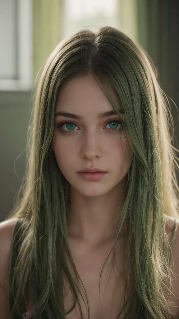 a girl, detailed eyes, detailed lips, extremely detailed face, long eyelashes, beautiful girl, sad expression, green eyes, long straight hair, messy hair, green hair, detailed facial features, photorealistic, 8k, highly detailed, masterpiece, best quality, realistic, chiaroscuro lighting, dramatic lighting, moody, melancholic, cinematic, oil painting, digital painting