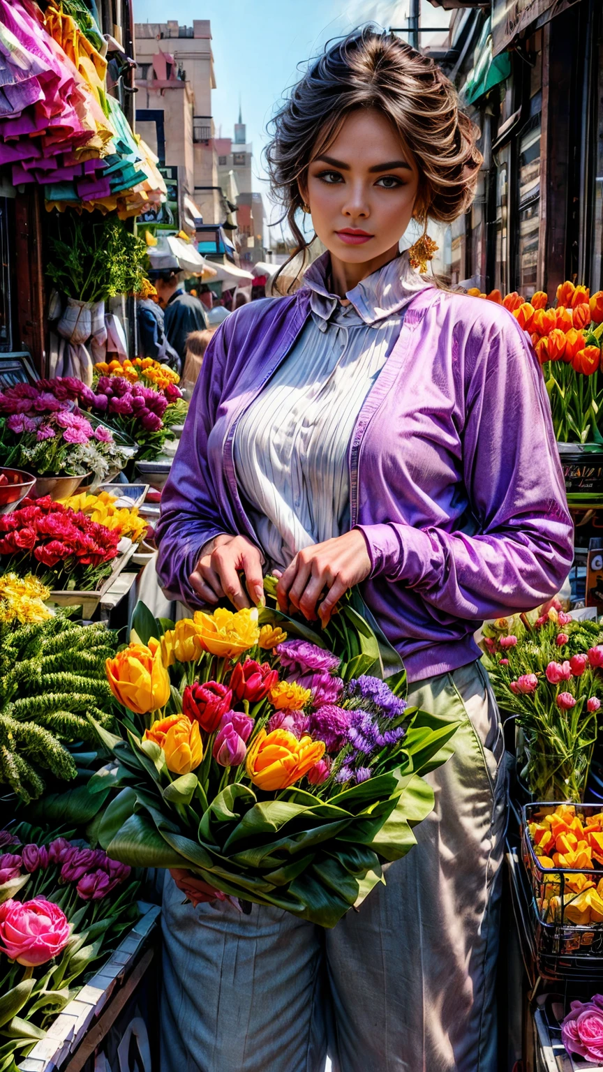 anatómicamente correcta:1.5, an elderly vendor with a bouquet of tulips in his hands:1.5, with his flower street stall:1.5, hyperrealistic, 8k, high quality, detailed, intricate, photorealistic, masterpiece, vibrant colors, natural lighting, street scene, outdoor, city, urban, realistic, detailed face, detailed hands, detailed clothing, elderly man portrait, flower shop, tulips, market stall, realism, cityscape, street vendor