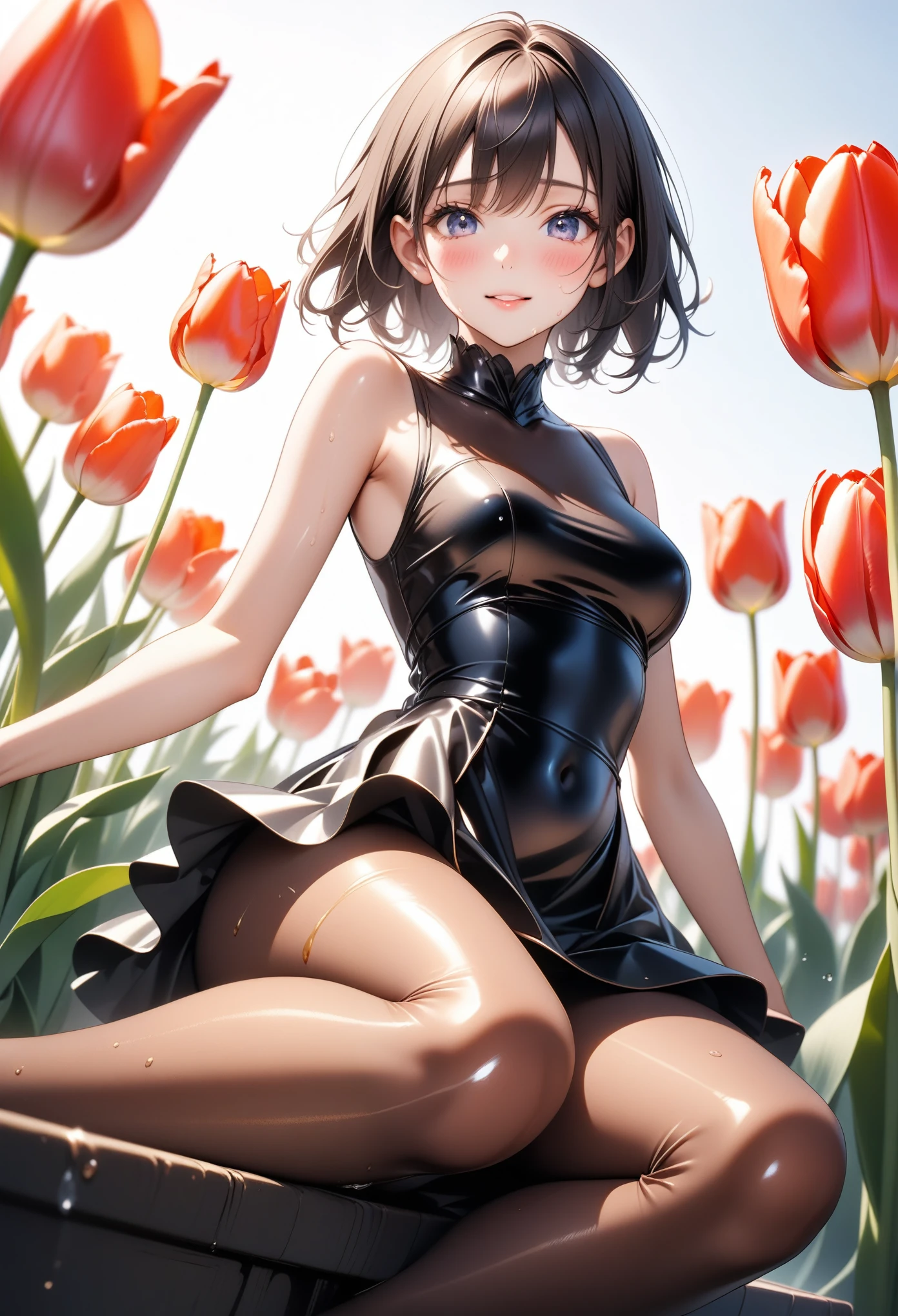 ((Tulip-inspired dress)), ((skirt)), ((pantyhose)), ((Shiny Costumes)), skindentation, skinny, solo, 1 woman, Masterpiece, highest quality, highest quality, 16K, incredibly absurd, highly detailed, 2.5D, ai-generated, delicate and dynamic, very delicate facial expressions, delicate eye depiction, erotic, only sexy woman, ((A cute and kind face)), healthy figure, ((25-year-old woman)), 160cm tall, medium firm swaying bust, , blush, Sweat,Embarrassed,sexy, ((thin thighs)), (camel toe:0.7), (visible nipples:0.3), (Erect nipples,:0.7), shiny and lustrous, facing straight at viewer, (((in heat))), ((Oily_skin)),, ((dutch angle)), ((erotic pose)), (Sitting on a big Tulip), (((Holding a tulip))),