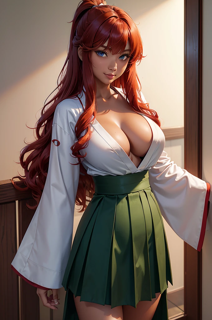 young asian woman , 18 years old, ((red wavy hairs with side bang)), long high ponytail, ((green hakama skirt)), ((white kimono top)), long sleeves, huge round fakebreasts, small waist, small hips, ((deep open v-cleatanned skin, tan, (sultry blue eyes), seductive smile