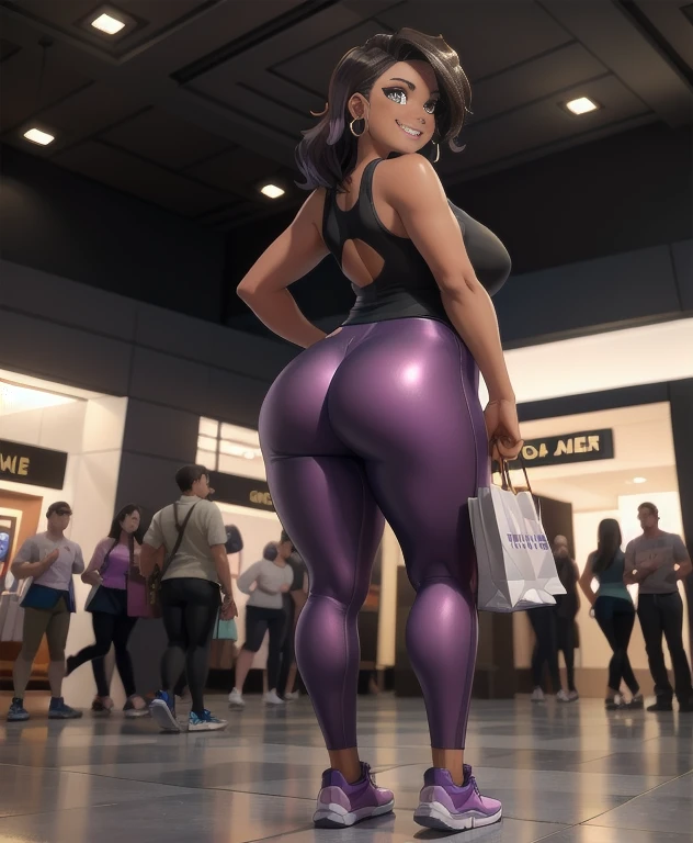 (half-body-shot (back shot):1.3),(Detailed face:1.2), 1girl, alone, Latina, plus sized milf, mature female, (bronze skin tone:1.5), (amber colored eyes), long black hair with purple highlights, purple lipstick, mascara, eyeshadow, (Wearing: golden earrings, black tank-top, shiny purple leggings, sneakers:1.2), looking from behind, wide smile, joyful expression, teeth, sexy, very beautiful face, Curvy, wide load butt, she's walking in a shopping mall, she's holding shopping bags. ass view, looking at from behind, solo focus