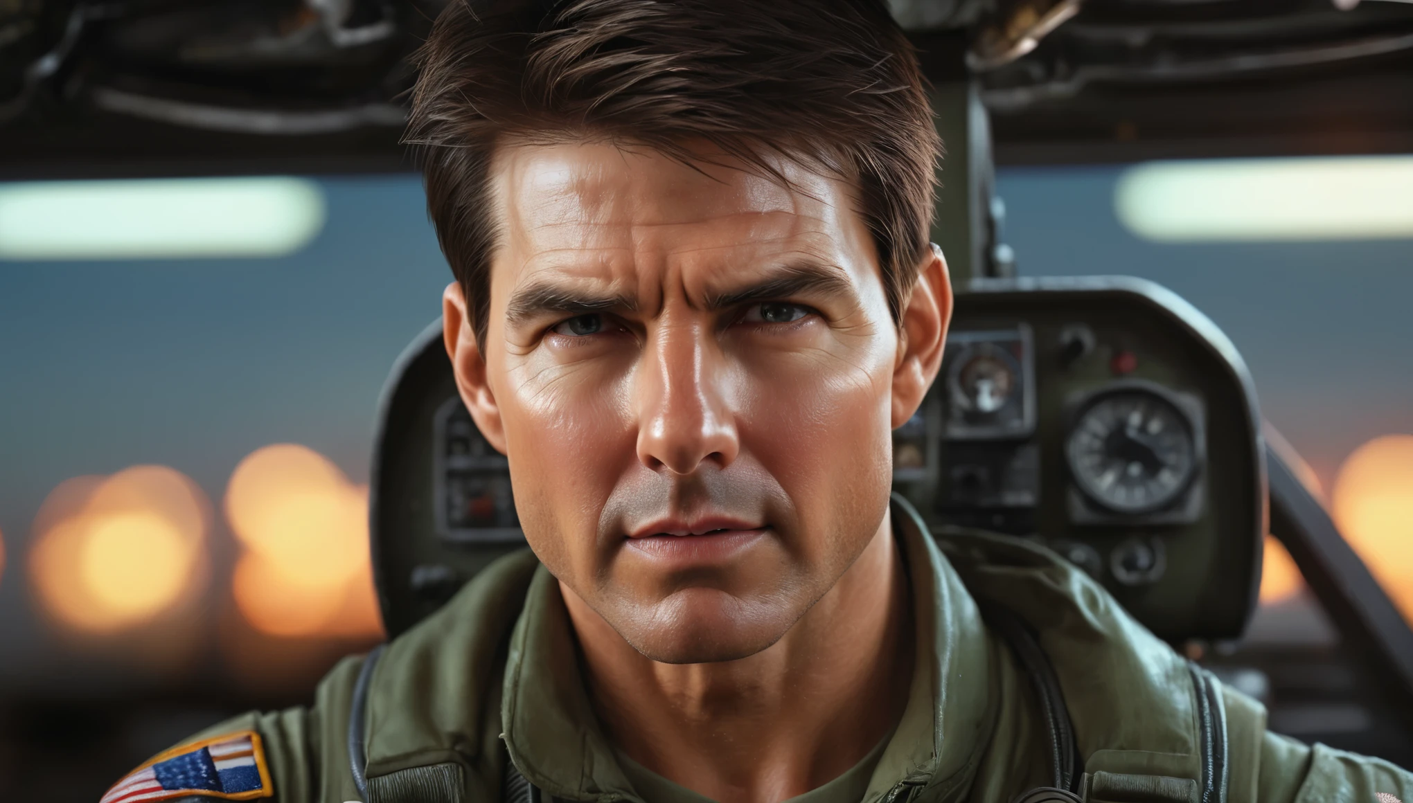 Tom Cruise from Top Gun, , (skin texture), intricately detailed, fine details, hyperdetailed, raytracing, subsurface scattering, diffused soft lighting, shallow depth of field, by (Oliver Wetter) professional PHOTOGRAPHY by Laura Radford, Atey Ghailan, Studio Ghibli, by Jeremy Mann, Greg Manchess, Antonio Moro, trending on ArtStation, trending on CGSociety, Intricate, High Detail, Sharp focus, dramatic, photorealistic painting art by (greg rutkowski:1.4), bokeh