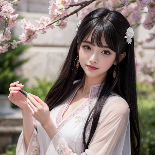 best quality, Delicate face，beautiful visual work, lifelike, eternity, black hair, Long curly hair, blunt bangs, Smile, Detailed Background, Delicate face，pink blush，cold，((masterpiece))、(top quality)、8k、high detail、Super detailed，21 years old female，Wearing wide-sleeved Tang Dynasty Hanfu、Clothes made of chiffon,Transparent sleeves， Seductive and whimsical style、masterpiece、born、Scenes resembling fairy tale illustrations、intricate details和複雜的設計、Beautifully、magic、capricious、 Beautifully、Dream aesthetics、「𝓡𝓸𝓶𝓪𝓷𝓽𝓲𝓬、ethereal、charming、fickle、magic」、realism、Visual effects、FXAA、SSAO、Shader、voiceless、ambient lighting、Tone mapping、High resolution、Ultra high quality、Million pixels、(8K resolution:1.10)、8k、8k以下、8K resolution、high detail、intricate details， (high quality:1.2、masterpiece:1.2、:1.21)、(21 years old female:1.21)、(興奮地Smile)、(Surrounded by a dreamy atmosphere、Model diagram，full-body shot，Normal 2 feet，don&#39;t stretch out your hand，The protrusion of the breast is visible when wearing clothes, Large Breasts, H cup chest, Landscape photos