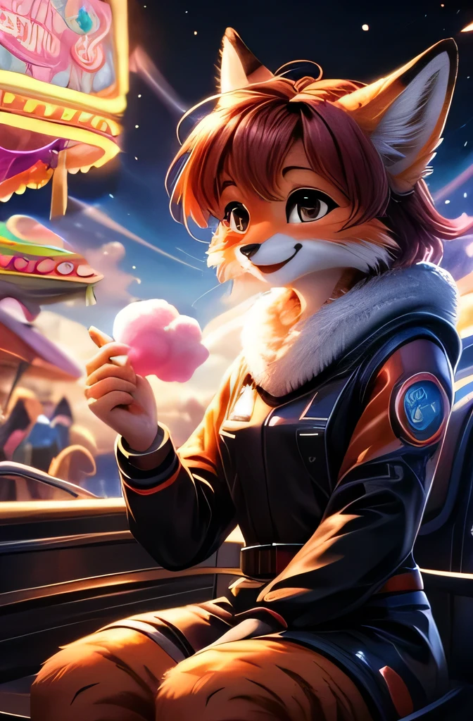 a swirly pastel blue and pink candyfloss in the character's hand, a fun fair booth with stuffed animals on display in the background, bright colours