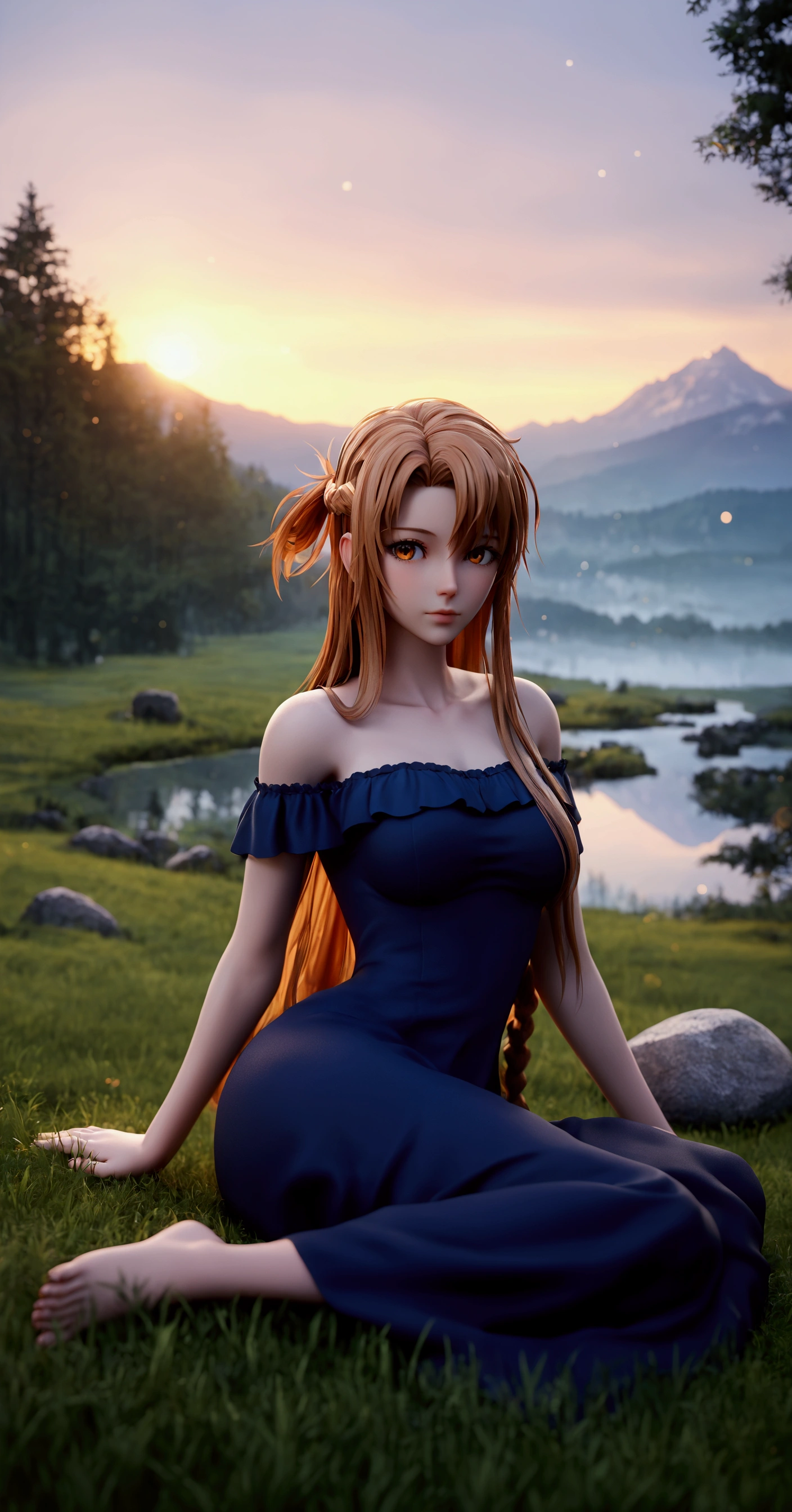 score_9, score_8_up, score_7_up, score_6_up, uncensored, Asuna Yuuki long hair, orange hair, fold hair, braid, orange eyes BREAK, glow effects, godrays, Hand drawn, render, 8k, octane render, cinema 4d, blender, dark, atmospheric 4k ultra detailed, cinematic, Sharp focus, big depth of field, Masterpiece, colors, 4k, concept art, trending on artstation, Vivid colors, extremely detailed CG unity 8k wallpaper, trending on CGSociety, Intricate, High Detail, dramatic BREAK,1girl, grass, solo, barefoot, sitting, breasts, mountain, sunset, dress, bare_shoulders, outdoors, looking_at_viewer, off_shoulder, field, sky, lake, collarbone, mountainous_horizon, indian_style, twilight, tree, black_dress, large_breasts, scenery, medium_breasts, feet, off-shoulder_dress, (bokeh:1.3), rock, anime coloring, anime screencap