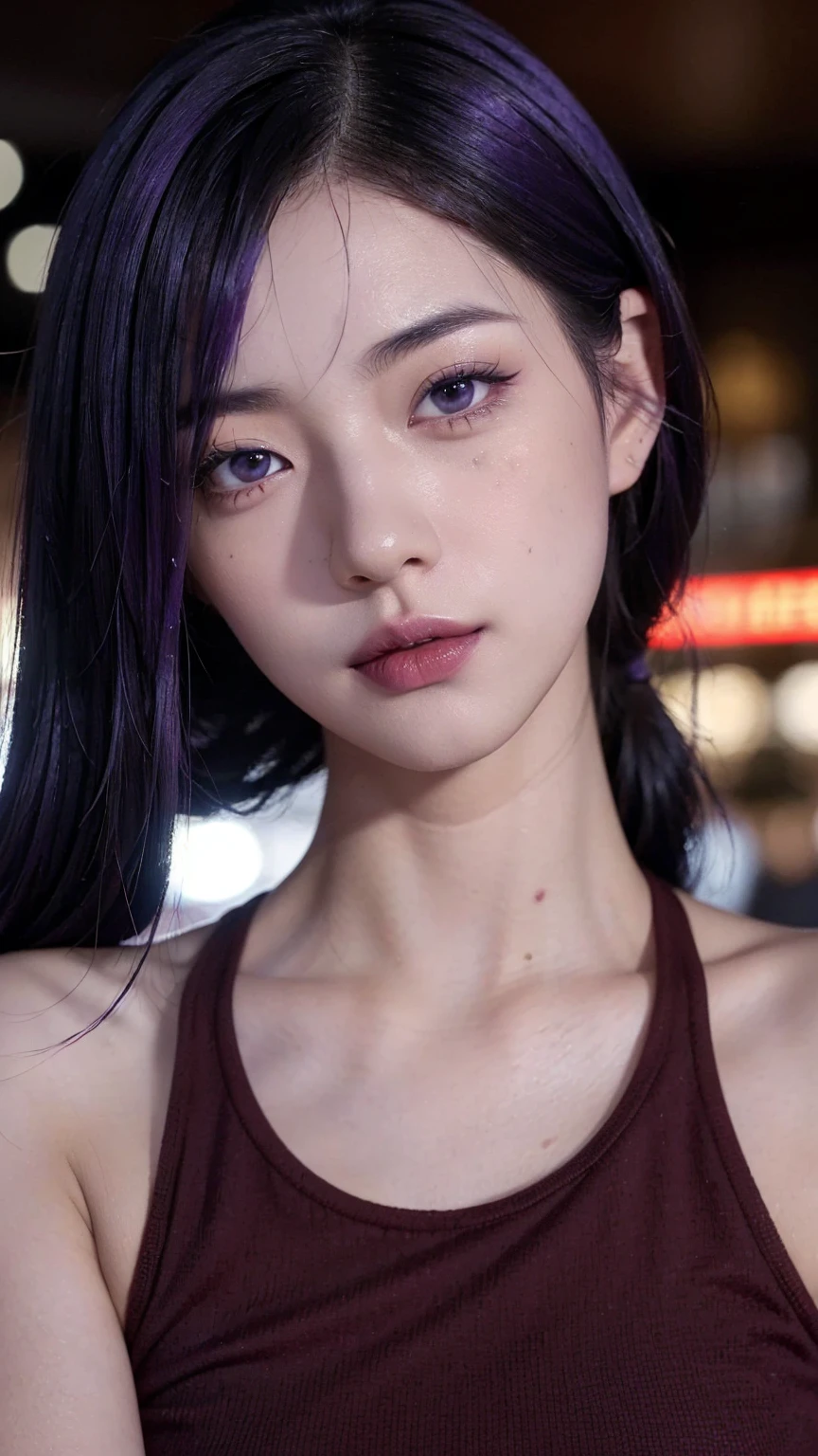 (mid shot)), 1girl, (((wink at the camera))), white Asian, (long black and purple hair), ((red outfit)), (detailed face), beautiful eyes, lips, nose, (detailed skin), beautiful facial features, high quality, ((in a bar)) ((photorealistic,extremely detailed) ,8k,masterpiece,bright colors, cinematic lighting, (no blurry),