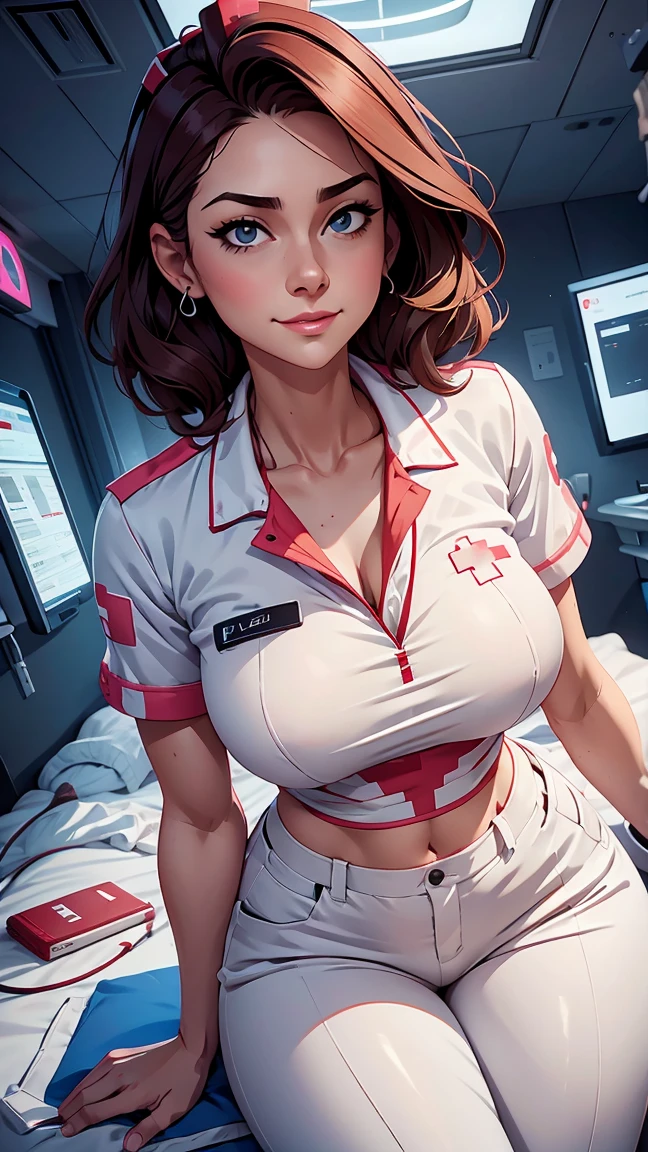 tall girl, shorth hair, Linda, happy nurse works in a hospital, nurse shirt, white nurse pants, futuristic design,