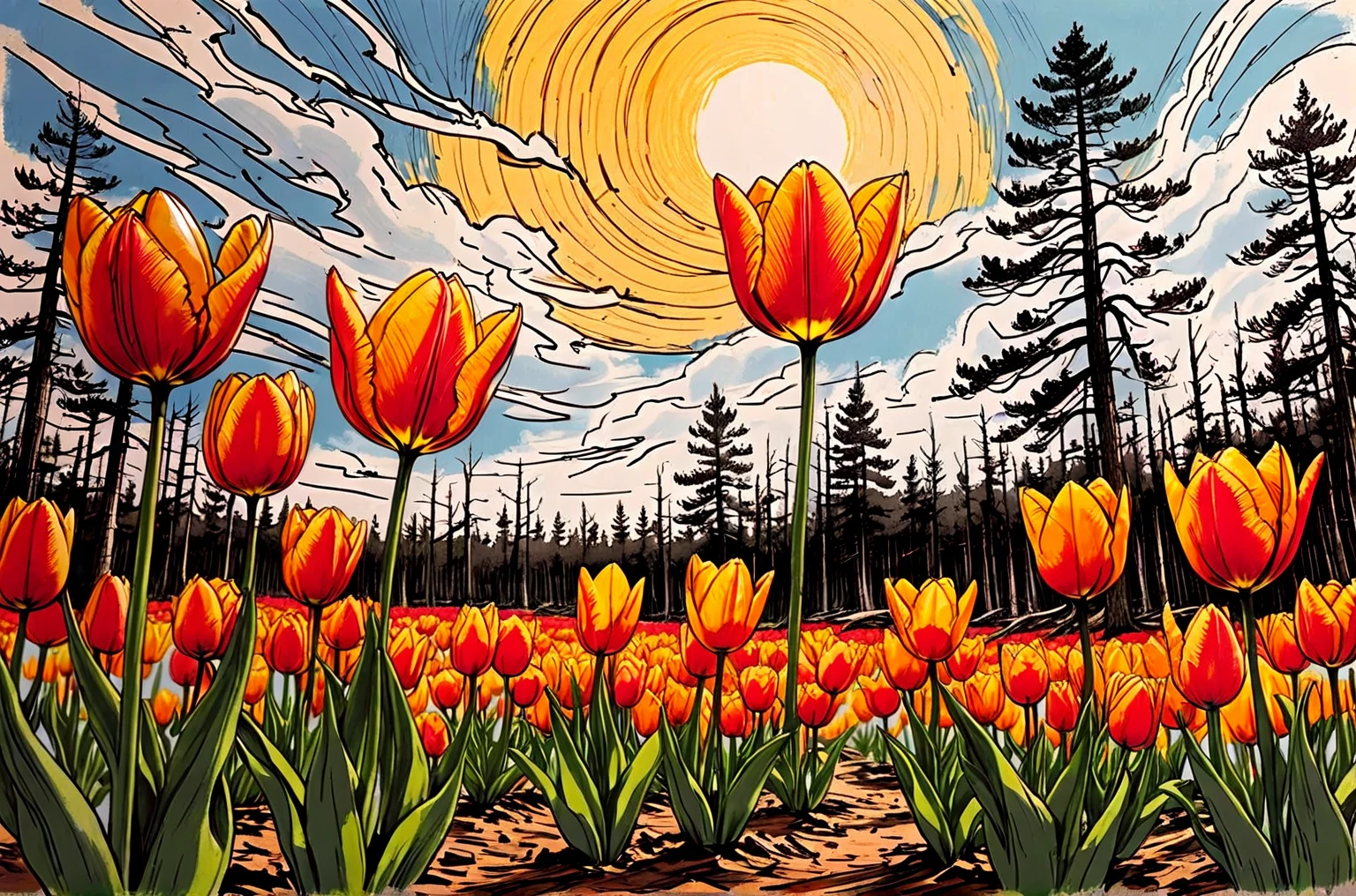 field of overjoyed greeting the sun Tulips, flower TULIPS, cartoonish anthropomorphic happy Tulips (flower), unfinished cartoon sketch featuring accurate tulip design and petals, The drawing includes style blends the art aesthetics of Sean Gordon Murphy and Joelle Jones with a rough sketch charcoal art style. The sketch shows rough-draft pencil lines underneath with bold lines over a rough-sketch inking, using an ink and charcoal blend. The scene is set in the pine barrens with sparse trees, emphasizing a candid, sorrowful expression. The sketch uses angular and expressive lines in an incomplete, unfinished style, evoking a sense of decay. Colors include red, yellow, and blue (RYB coloring). --no polished --no clean --no detailed --no smooth --no refined 
