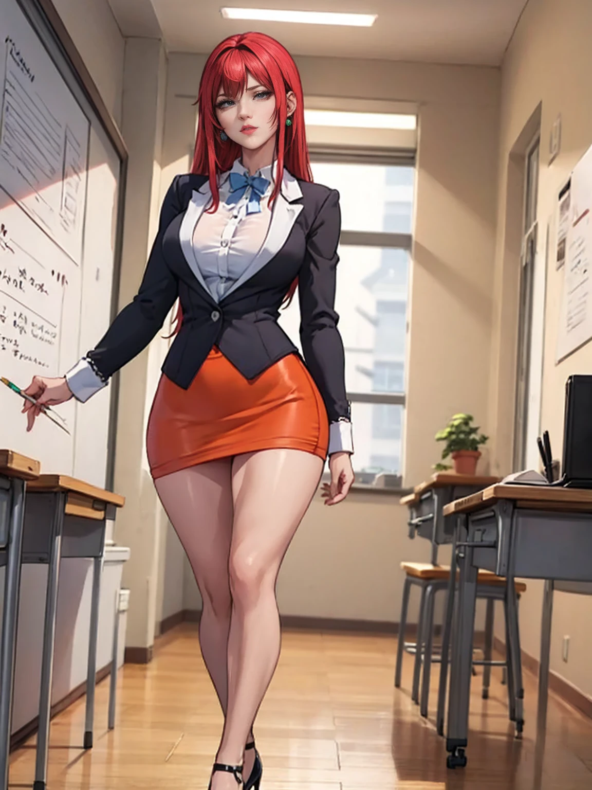 illustration by Hiroko Takashiro, elegant, delicate, reflection, shine, sharp focus, detailed painting, masterpiece, standing near blackboard, holding chalk, classroom, (red hair: 1.05), long hair, lipstick, makeup, (eyes black: 1.05), earrings, (black stockings, 1.1), pencil skirt, high heels, blazer